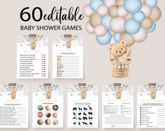 Bear Baby Shower Game Bundle: Blue Balloon, 60 Editable Games (Digital Download)