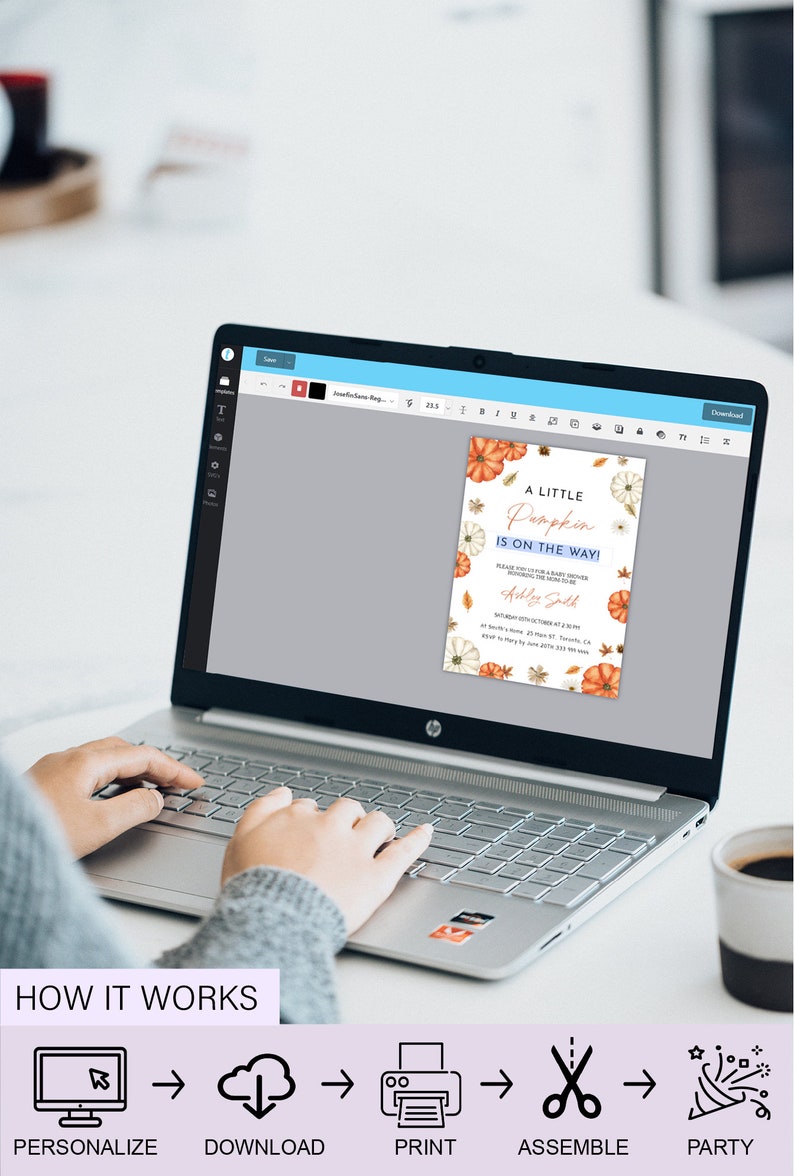 May include: A laptop displays a baby shower invitation design with pumpkins and fall foliage. The text reads "A Little Pumpkin is on the Way!" and includes event details. The image also shows the steps: Personalize, Download, Print, Assemble, and Party.