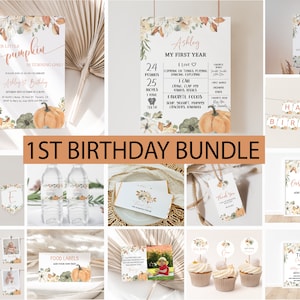 Pacchetto di inviti per il compleanno autunnale Little Pumpkin, set di inviti per il compleanno Pumpkin modificabili, pacchetto di inviti per il primo compleanno di Pumpkin floreale, stampabile