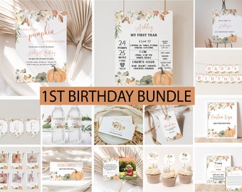 Pumpkin 1st Birthday Invitation Bundle: Floral Theme (Editable, Printable)