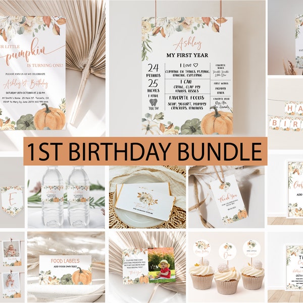 Little Pumpkin Fall birthday invitation bundle, Editable Pumpkin Birthday invite set, Floral Pumpkin 1st first birthday Bundle, Printable