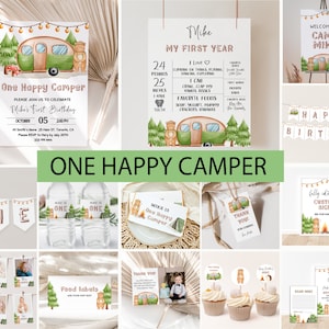 ONE Happy Camper Birthday Bundle, Editable Invitation Pack, Instant Download, ONE Happy Camper Boy Birthday Package, First Birthday
