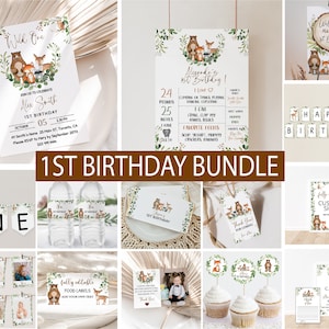Editable 1st Birthday Invitation Bundle, Woodland Animals Printable Invitation Bundle, Instant Download, Forest Invitation Milestone Welcome