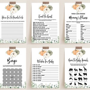 May include: A collection of six printable baby shower games. Each card features a watercolor pumpkin design with green foliage. Games include "Advice for the Parents-to-be," "Find the Guest," "Who Can Finish Mommy's Phrase," "Bingo," "Wishes for Baby," and "Name the Baby Animals."