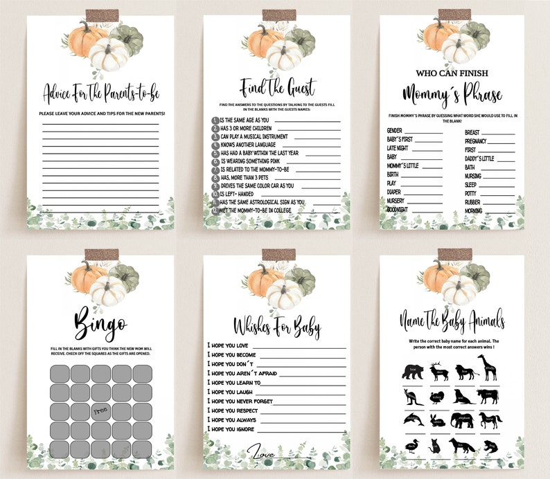 May include: A collection of six printable baby shower games. Each card features a watercolor pumpkin design with green foliage. Games include "Advice for the Parents-to-be," "Find the Guest," "Who Can Finish Mommy's Phrase," "Bingo," "Wishes for Baby," and "Name the Baby Animals."