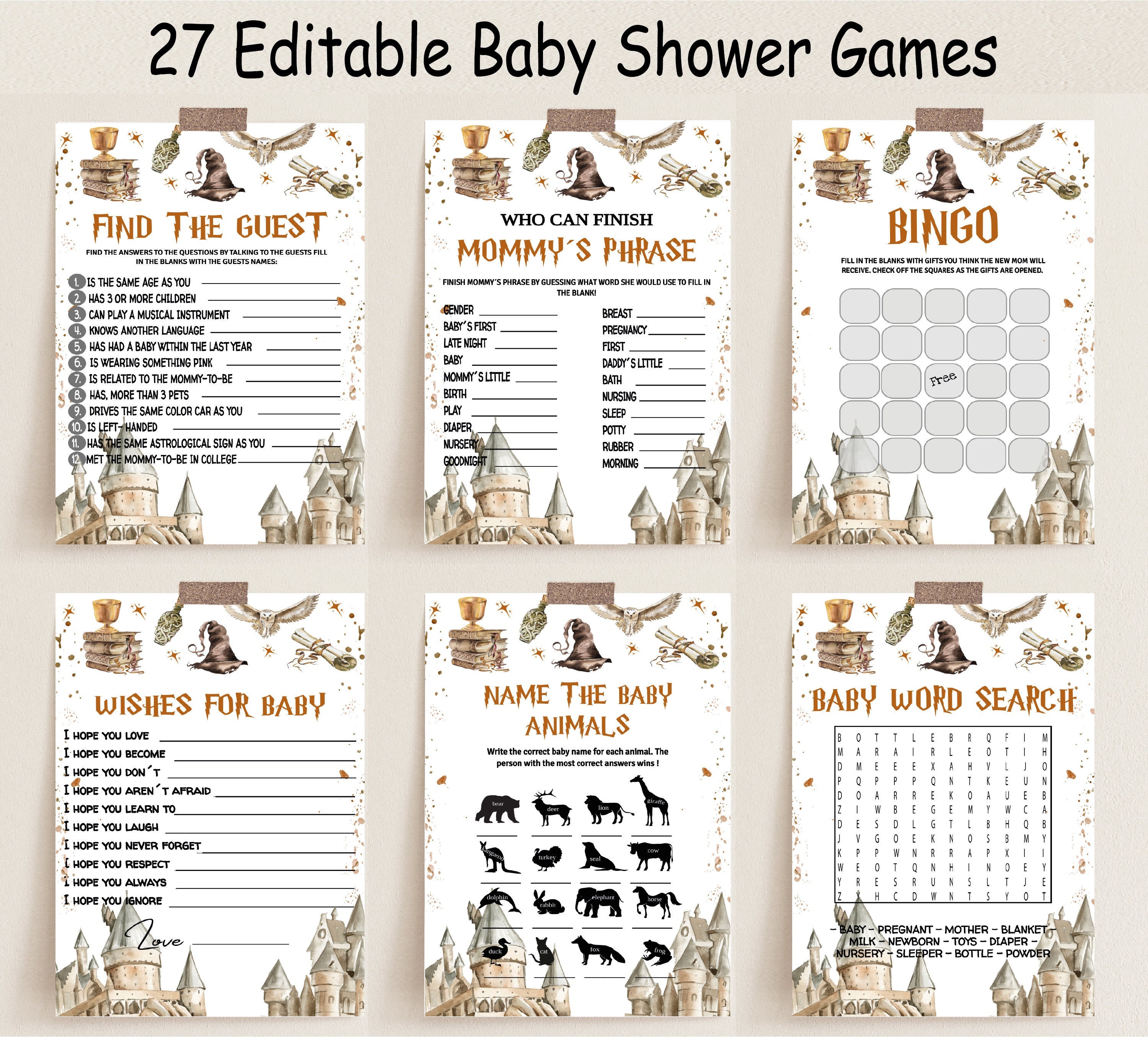 Editable Wizard Baby Shower Game Bundle, Magic School Baby Shower