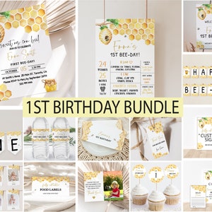 Editable First Bee Day Invitation Bundle, Honey Bee First Birthday Pack, Instant Download, Birthday Girl, Milestone, Welcome