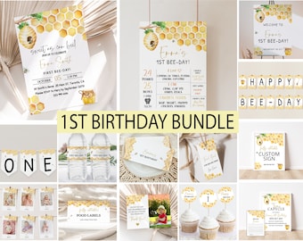 May include: A set of printable party decorations for a 1st birthday party with a bee theme. The decorations include a welcome sign, a banner, food labels, cupcake toppers, a water bottle label, a sign for a time capsule, and a sign for a custom sign. The decorations are all yellow and gold with a honeycomb pattern and bee illustrations.
