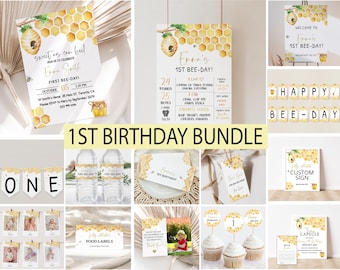 Editable First Bee Day Invitation Bundle, Honey Bee First Birthday Pack, Instant Download, Birthday Girl, Milestone, Welcome