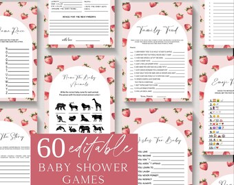 Strawberry Baby Shower Games Bundle: Editable Template (Digital Download)