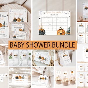 A Little Boo Is Almost Due Baby Shower Invitation Bundle, Editable Halloween Pumpkin Baby Shower Bundle, Spooky Halloween, Baby Decor