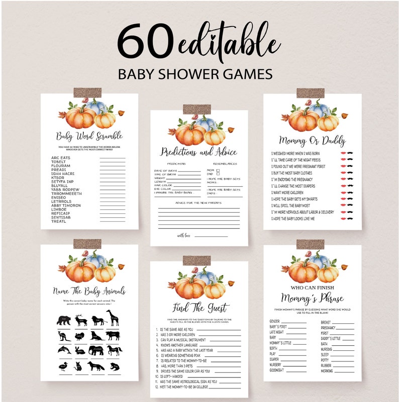 K&ouml;nnte beinhalten: Ein Set von sechs druckbaren Babyparty-Spielen mit Herbstthema. Jedes Spiel zeigt Aquarellk&uuml;rbisse und Herbstbl&auml;tter. Zu den Spielen geh&ouml;ren Wortsalat, Vorhersagen, Ratschl&auml;ge und mehr. Der Text lautet "60 editierbare Babyparty-Spiele."