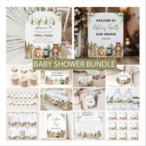 Woodland Baby Shower Bundle - Editierbare Waldtier-Einladung, Spiele und druckbare Partyschilder