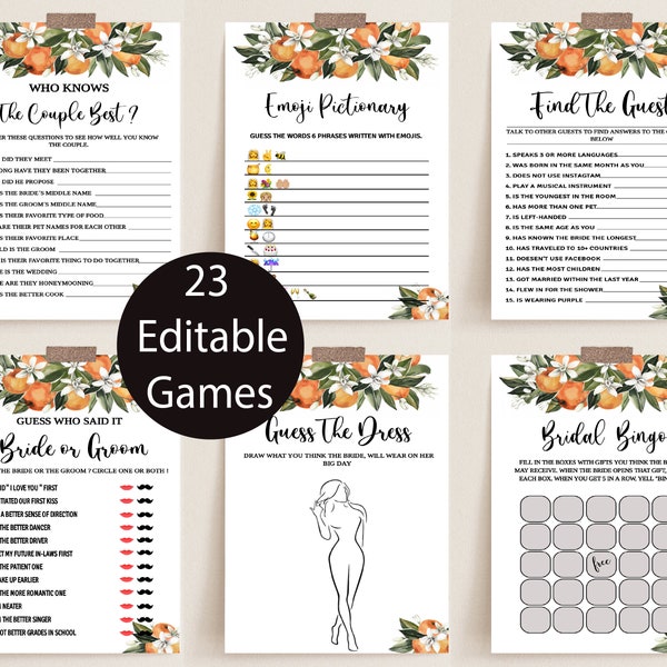 Orange Bridal Shower Game Bundle, Editable Games, Orange Greenery, Citrus Orange Shower, Editable Games Guess The Dress, Emoji Pictionary