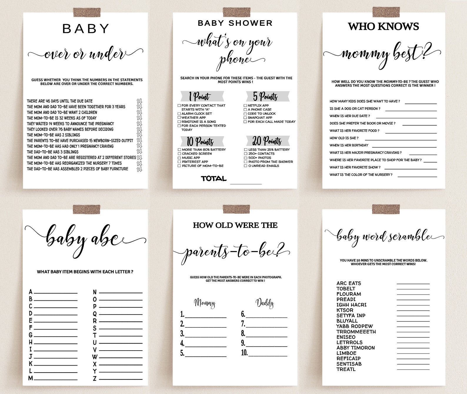 Modern Baby Shower Games Bundle Minimalist Packpage Games for - Etsy