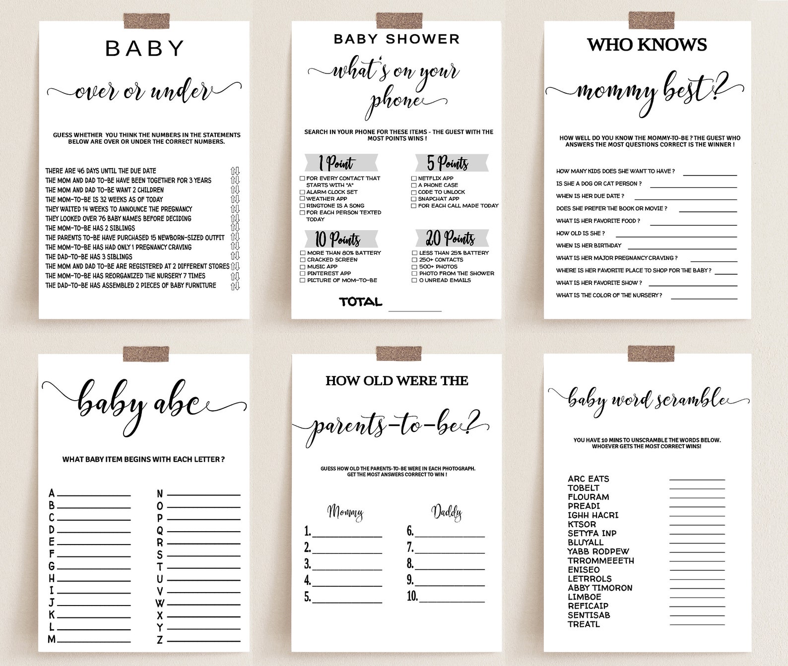 Modern Baby Shower Games Bundle, Minimalist Packpage Games for Baby, Editable Games Etsy