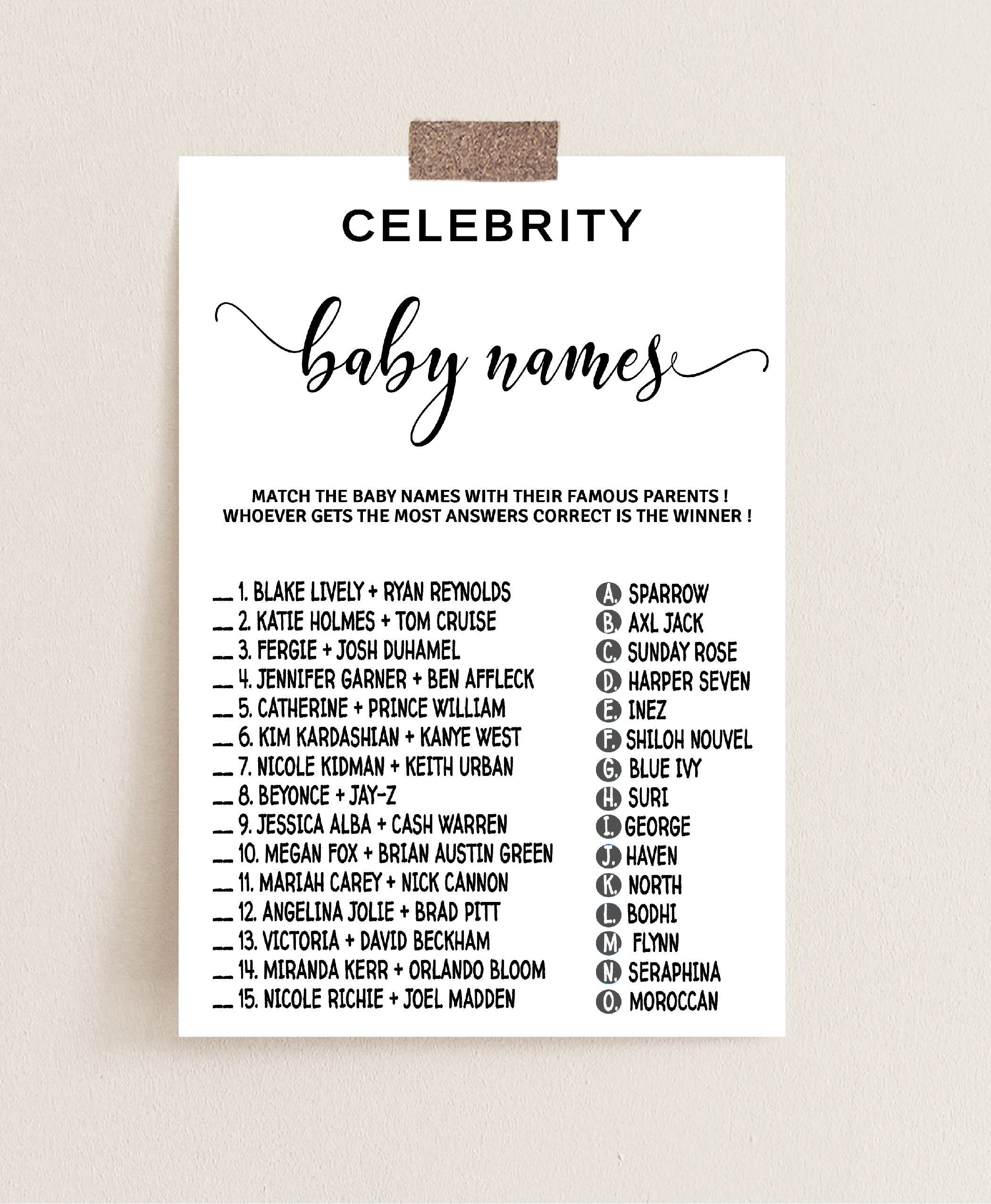Minimalist Typography Modern Celebrity Baby Name Baby Shower Game