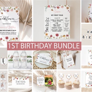 Wildflower Birthday Invitation Bundle, Editable Wildflower Birthday Invitation, Girl 1st Birthday, Wildflower First Birthday, Milestone