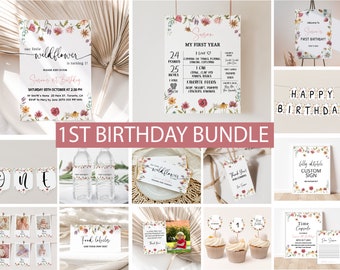 Wildflower Birthday Invitation Bundle, Editable Wildflower Birthday Invitation, Girl 1st Birthday, Wildflower First Birthday, Milestone