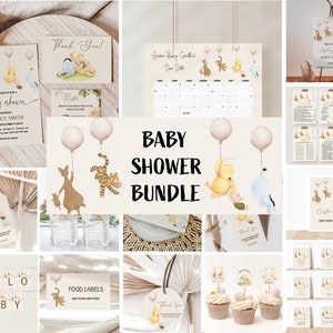 Winnie the Pooh Baby Shower Bundle - Bearbeitbares Einladungspaket mit Freunden und Ballons, druckbare Dekorationen