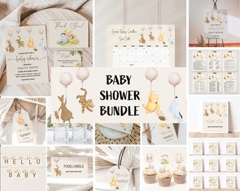 Winnie the Pooh Baby Shower Bundle – Editable Invitation Package with Friends and Balloons, Printable Decorations