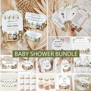 May include: A woodland themed baby shower printable bundle with a variety of items including invitations, food labels, thank you tags, welcome sign, and games. The design features watercolour illustrations of woodland animals such as foxes, bears, and owls.