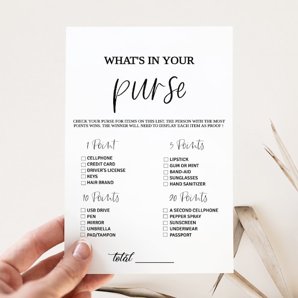 What's in Your Purse Game Printable Bridal Shower Game, Minimalist Bridal Party Games, Instant Download