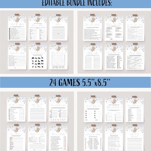 May include: A bundle of 24 baby shower games, each 5.5" x 8.5", featuring a teddy bear and cloud design. The games include various activities and fill-in-the-blank prompts. The text "EDITABLE BUNDLE INCLUDES:" and "24 GAMES 5.5"x8.5"" are visible.