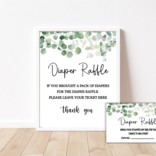 Diaper Raffle Sign, Greenery Baby Shower, Editable Eucalyptus Baby Shower Sign Diaper Raffle, Printable Sign, Instant Download