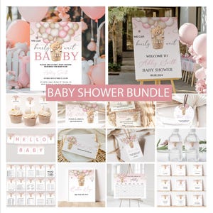 Bear Balloon Baby Shower Invitation Bundle, Editable We Can Bearly Wait Girl Invitation and Games, Printable Pink Bear Baby Shower Decor