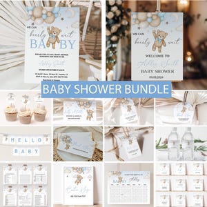 May include: A baby shower bundle featuring invitations, signs, cupcake toppers, food labels, thank you tags, and more. The designs include a teddy bear holding balloons in shades of blue and beige, with the text "Baby Shower Bundle".