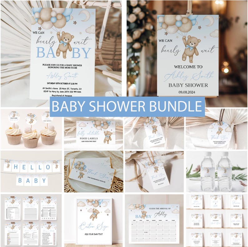 May include: A baby shower bundle featuring invitations, signs, cupcake toppers, food labels, thank you tags, and more. The designs include a teddy bear holding balloons in shades of blue and beige, with the text "Baby Shower Bundle".