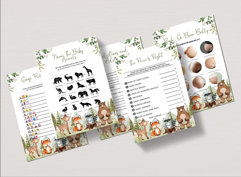 May include: A set of printable baby shower games with a woodland theme. The games include "Name the Baby Animals", "Emoji Pictionary", "The Price is Right", and "Rub or Beer Belly".