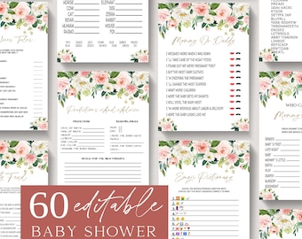 May include: A set of 60 printable baby shower games with a floral theme. The games include "Animal Gestation Game", "Mommy or Daddy", "Predictions and Advice", "Emoji Dictionary", "Would She Rather", and "Who Can Daddy".