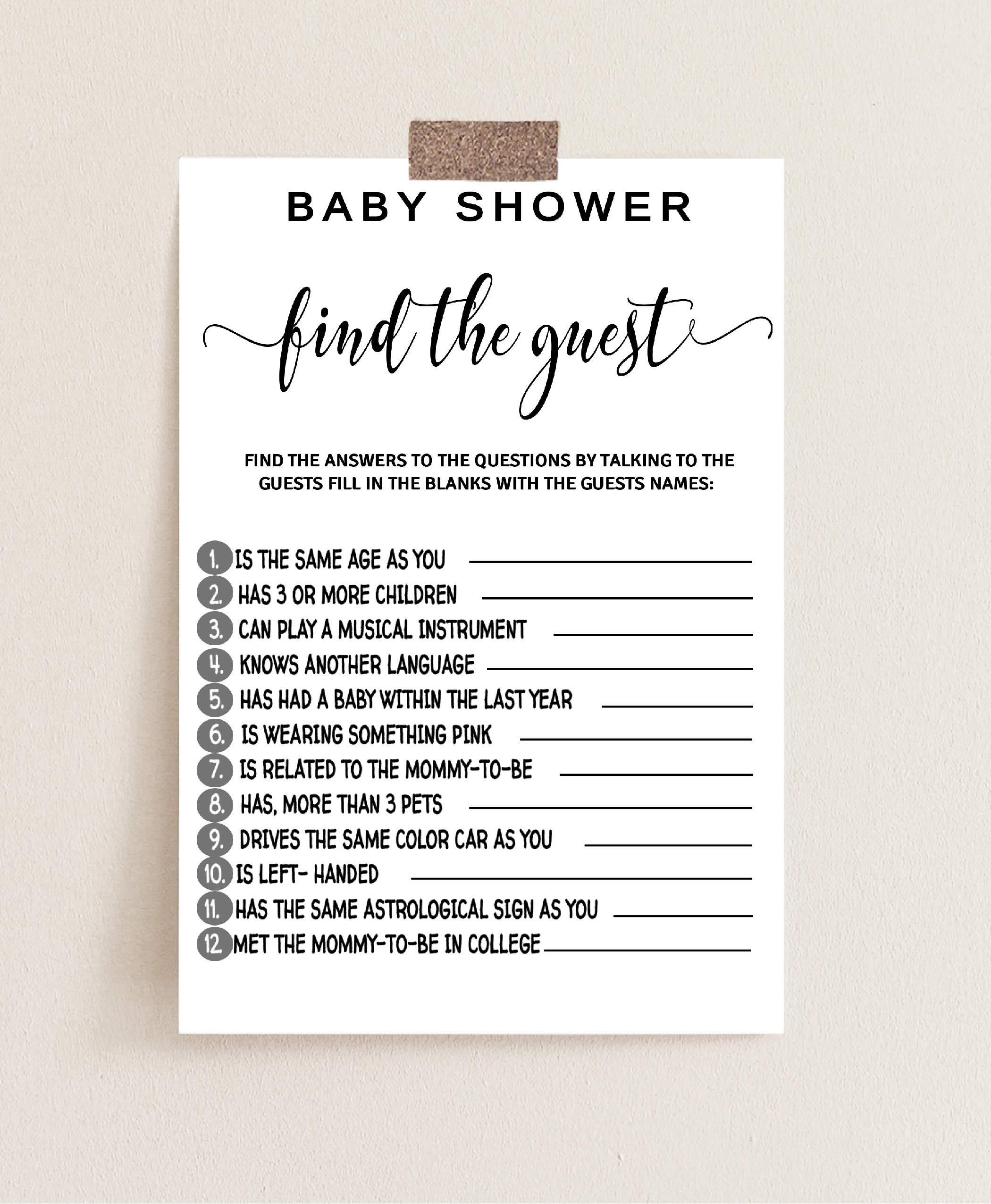 Baby Shower Game Find The Guest Baby Shower Game Instant Etsy