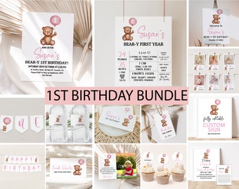 Bear Birthday Invitation Bundle, Editable First Birthday Invitation, Pink Balloon Bear Invitation, Instant Download, Pink  1st Birthday Girl