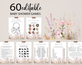 Puede incluir: Un conjunto de 60 juegos de baby shower imprimibles con un tema floral. Los juegos incluyen "Dibuja un bebé", "Bebé o barriga de cerveza", "Encuentra la familia", "Nombra a los animales bebés", "¿Preferirías?", "Rasgos del bebé" y "Predicciones y consejos".