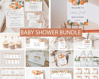 Könnte beinhalten: Orangefarbenes Babyparty-Druckpaket mit einem Willkommens-Schild, Dankeschön-Etiketten, Lebensmitteletiketten, Cupcake-Topper, einem Banner, einem Spiel, einem Schild und einem Kalender. Das Design zeigt Orangenscheiben, Blätter und Zweige.