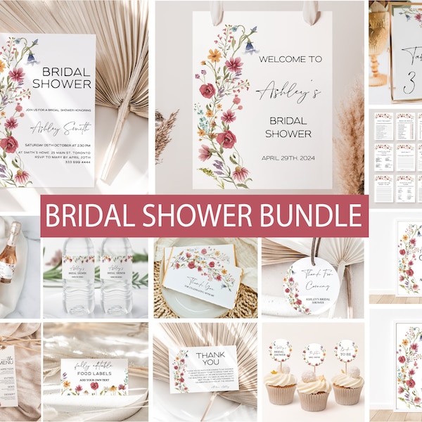 Wildflower Bridal Shower Invitation Bundle, Editable Love Is In Bloom Bridal Shower Invite, Wildflower Floral Bridal Shower Decor, Printable
