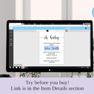 May include: A computer screen displaying a baby shower invitation template with the text "oh baby" in a cursive font. The invitation is for a baby shower honoring Julia Smith and includes the date, time, and location of the event. The template is editable and can be customized with different colors and fonts.