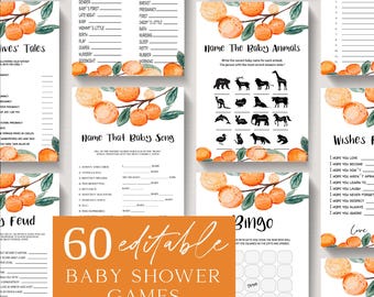 Könnte beinhalten: Ein Set mit 60 druckbaren Babyparty-Spielen mit einem orange-grünen Zitrus-Thema. Die Spiele beinhalten "Mamas Spruch", "Das Babylied erraten", "Die Babytiere benennen", "Zwei Wahrheiten und eine Lüge", "Bingo", "Wünsche für das Baby", "Windel-Bingo" und "Babys Fehde".