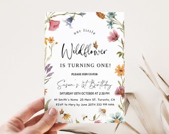 Wildblumen ersten Geburtstag Einladung, 1. Geburtstag Einladung Mädchen, Mädchen Geburtstag Blumen Einladung, Geburtstag Mädchen, Wildblumen Geburtstag