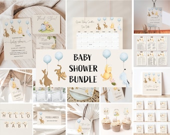 Winnie the Pooh Baby Shower Bundle – Editable Invitation with Blue Balloons, Printable Boy Shower Decor