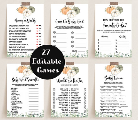 Editable Little Pumpkin Baby Shower Games, Fall Games Pack, Printable Baby Games Bundle, Pumpkin Greenery Shower Games, Baby Emoji, BBS50