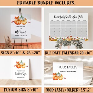 May include: An editable baby shower bundle featuring signs, a calendar, and food labels. The signs include welcome and custom options, all adorned with watercolor pumpkins and fall foliage. The calendar is designed to track the baby's due date.