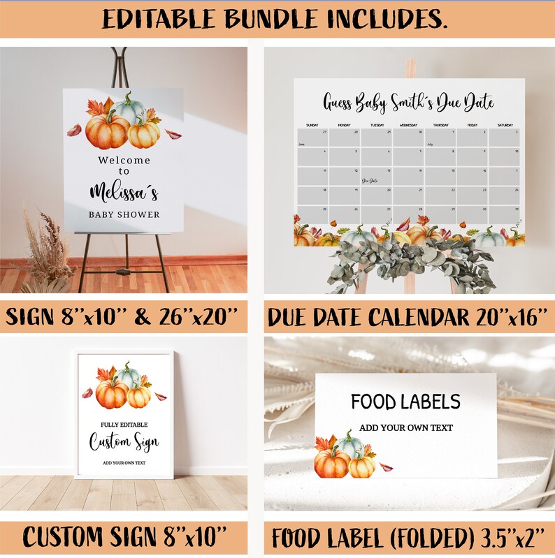 May include: An editable baby shower bundle featuring signs, a calendar, and food labels. The signs include welcome and custom options, all adorned with watercolor pumpkins and fall foliage. The calendar is designed to track the baby's due date.