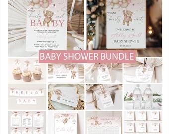 Könnte beinhalten: Ein Babyparty-Paket in rosa und braunen Farbtönen. Das Paket beinhaltet ein Willkommens-Schild, Einladungen, Etiketten für Lebensmittel, Etiketten für Wasserflaschen, ein Banner, ein Schild mit einer individuellen Nachricht und einen Countdown-Kalender für die Babyparty. Das Design zeigt einen niedlichen Teddybär, der Ballons hält.
