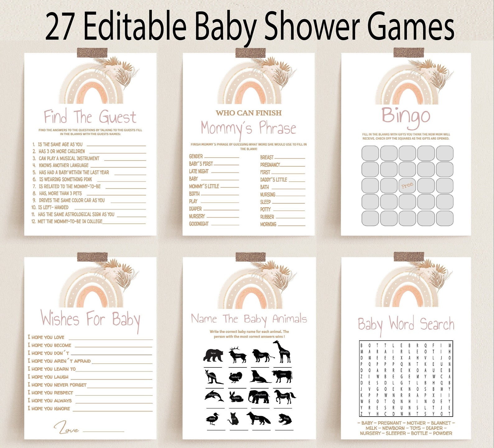 Boho Rainbow Baby Shower Game Bundle, Editable Games for Baby, Rainbow ...