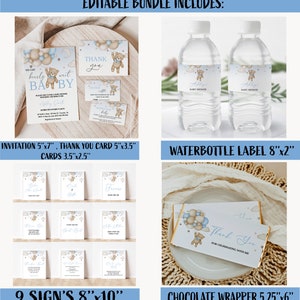 May include: A baby shower bundle with invitation, thank you card, and other stationery. The invitation is 5"x7", the thank you card is 5"x3.5", and the cards are 3.5"x2.5". The bundle also includes water bottle labels, signs, and a chocolate wrapper.