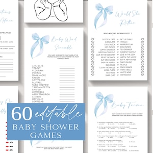 Blue Bow Baby Shower Games Bundle: Editable Printable (Digital Download)